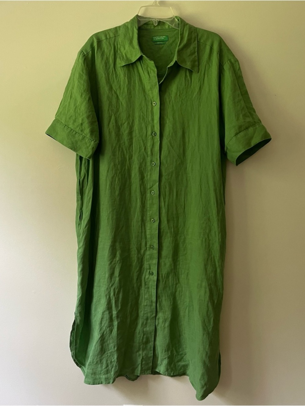 Benetton Linen Shirt Dress Large Green Midi Breathable Lagenlook Shift Pockets